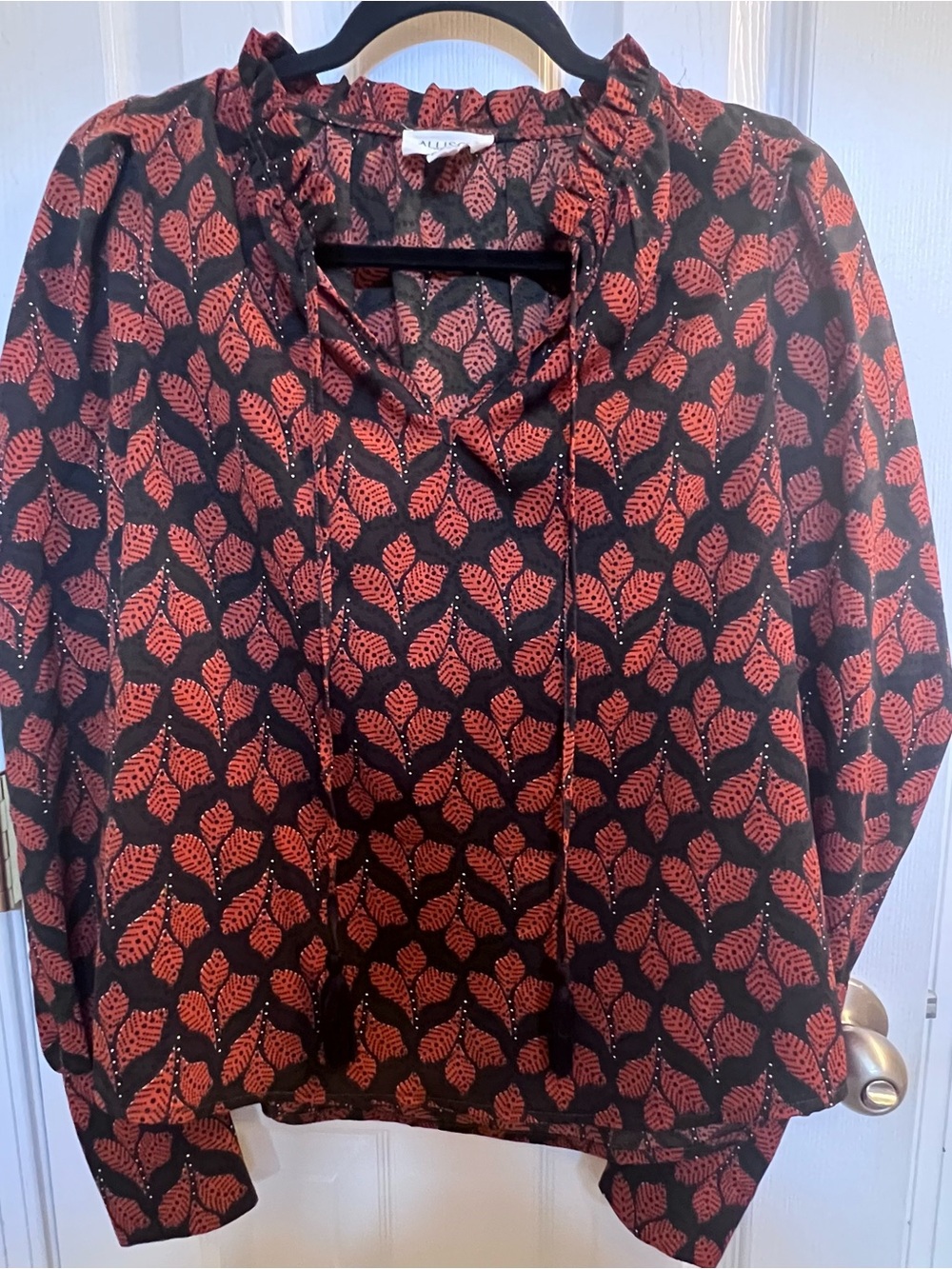 ALLISON New York Fall Boho Paisley Blouse Tunic Small Olive Green Orange